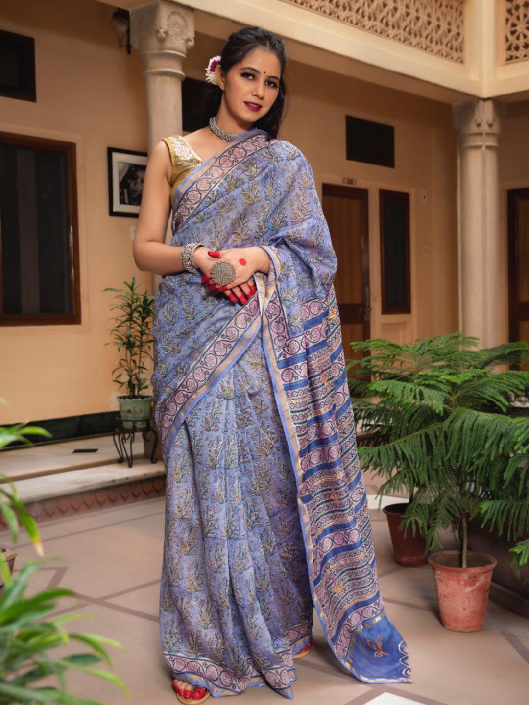 

Baisacrafts Blue & Pink Floral Art Silk Saree
