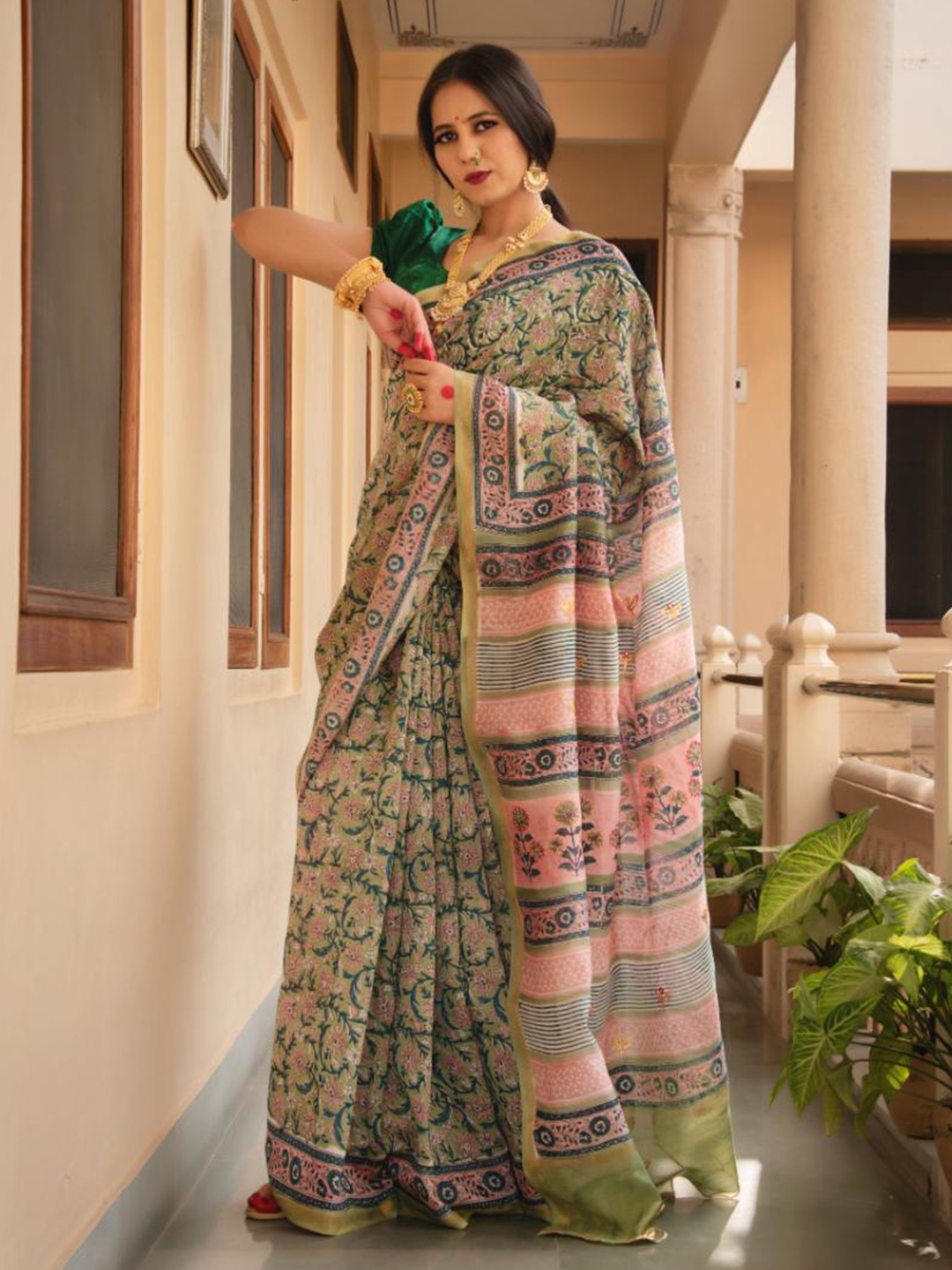 

Baisacrafts Green & Pink Floral Art Silk Chanderi Hand Block Printed Saree with Blouse