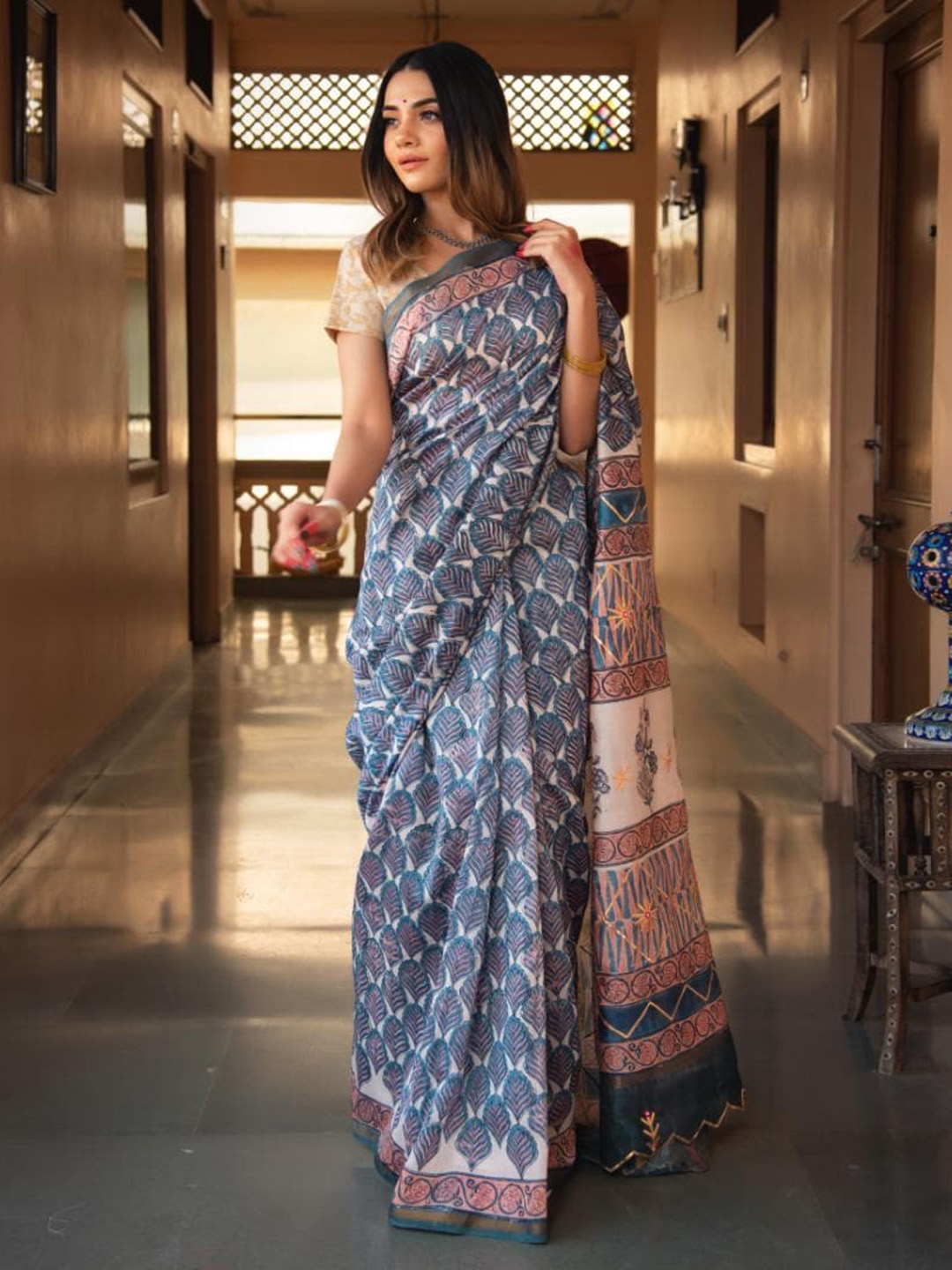 

Baisacrafts Blue & White Ethnic Motifs Art Silk Chanderi Hand Block Printed Saree Blouse