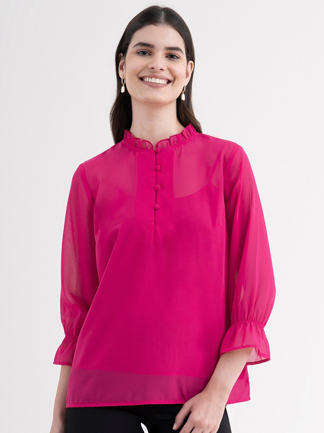 

FableStreet Women Fuchsia Mandarin Collar Georgette Casual Top