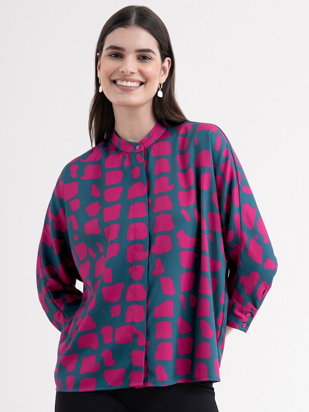 

FableStreet Blue & Purple Print Mandarin Collar Shirt Style Top