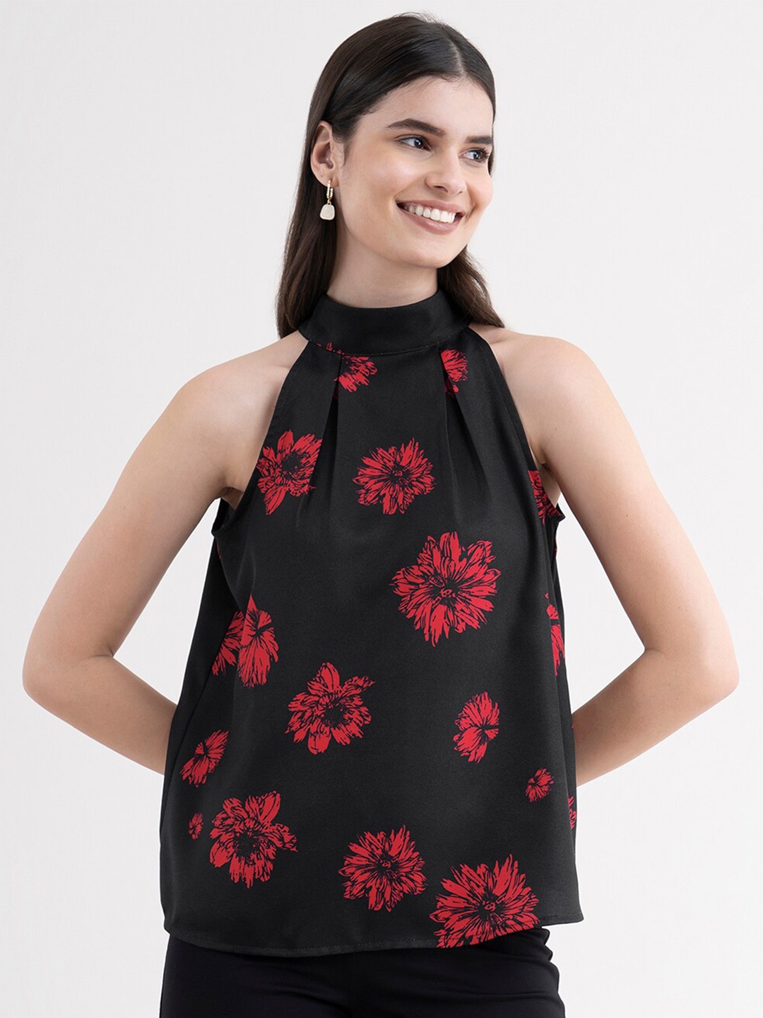 

FableStreet Black Floral Print Halter Neck Top