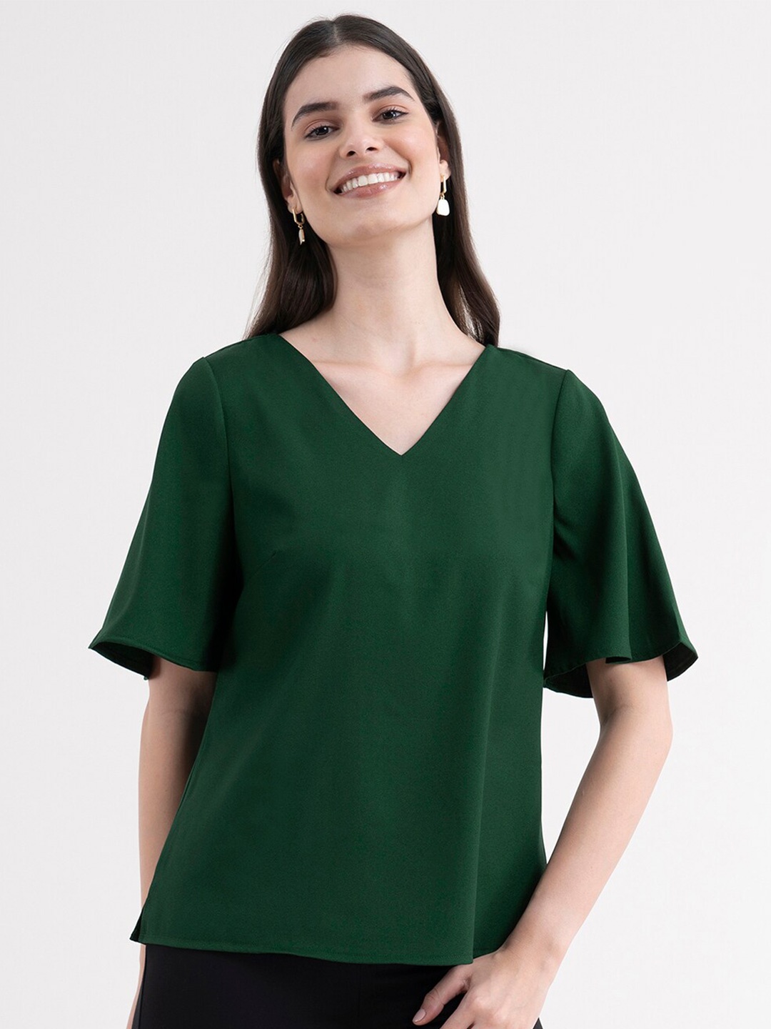 

FableStreet Green Flared Sleeves Top