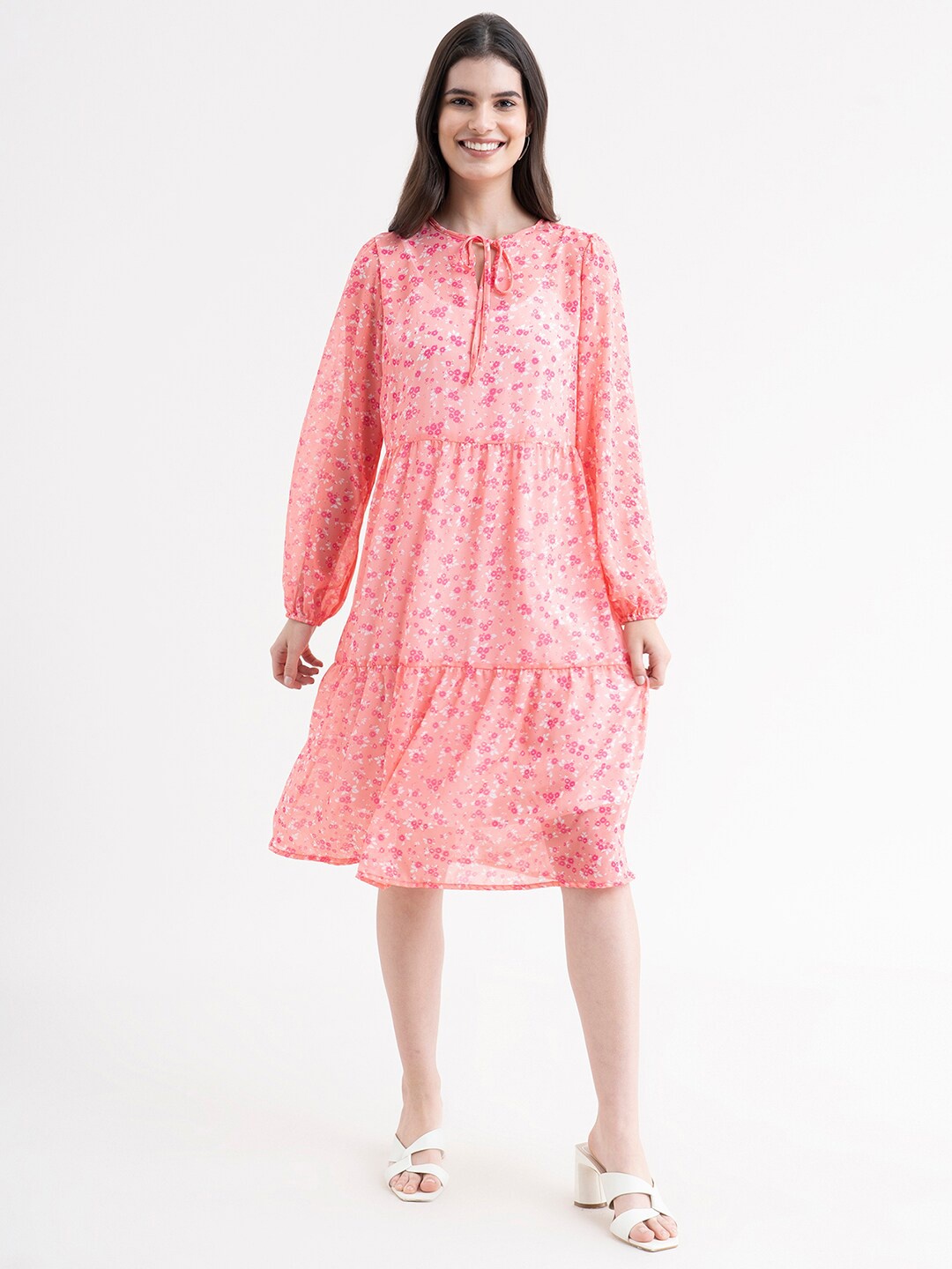 

FableStreet Pink Floral Tie-Up Neck Georgette Dress