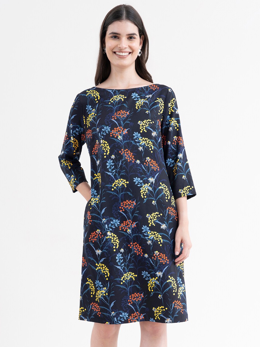 FableStreet Navy Blue Floral Shift A-Line Dress