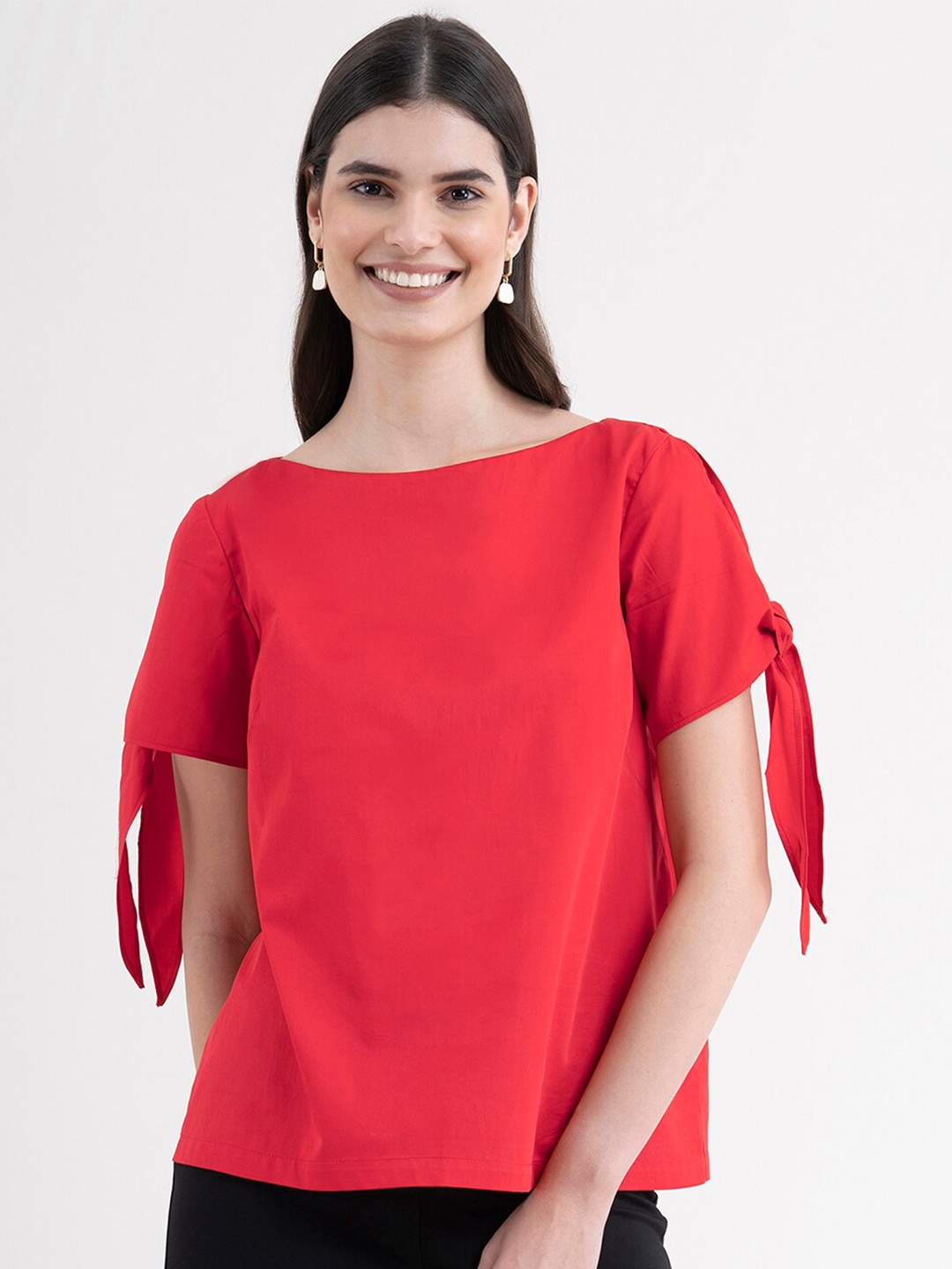 

FableStreet Women Red Tie Up Sleeve Cotton Top
