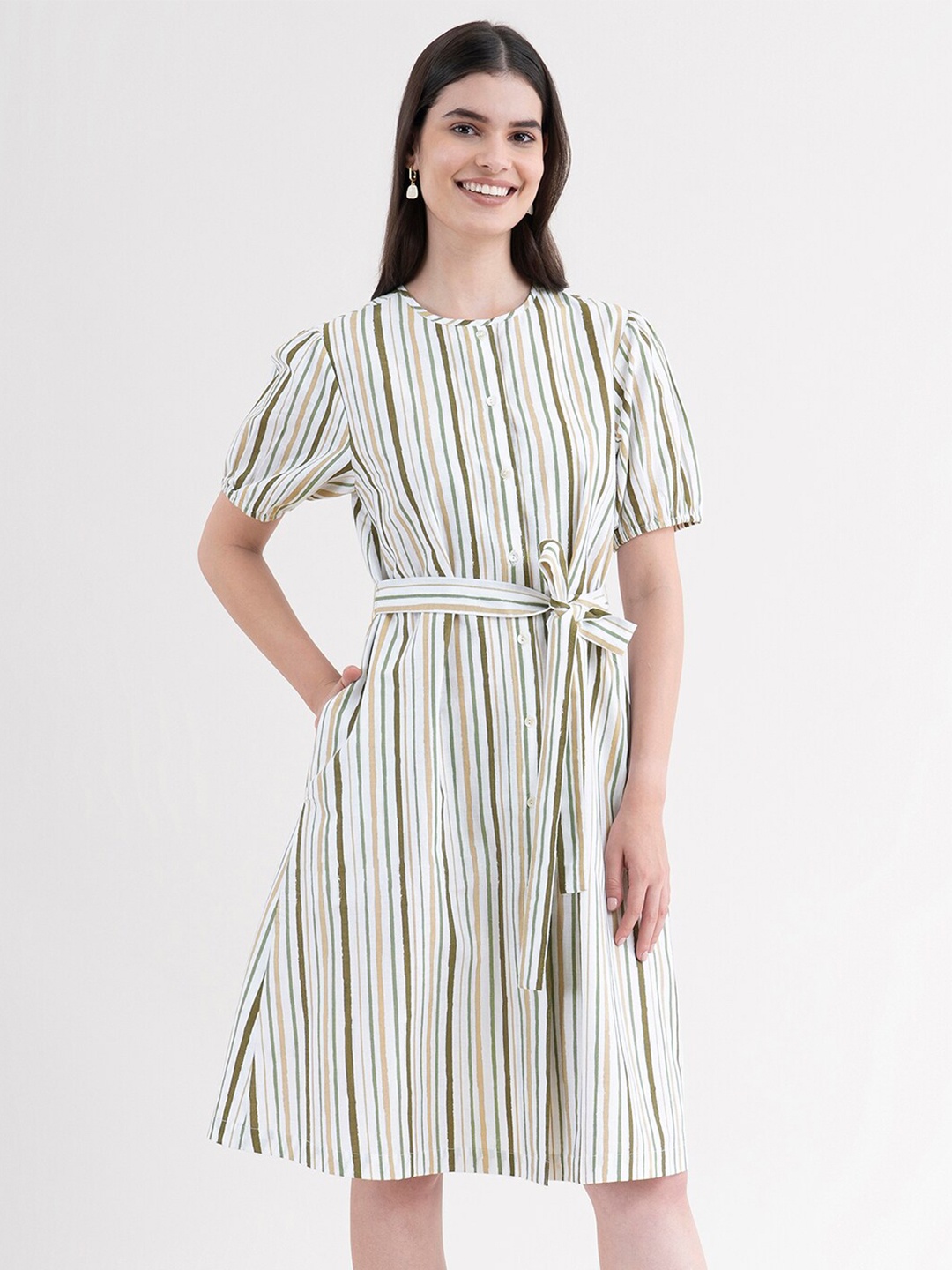 

FableStreet Women White Striped Linen Dress