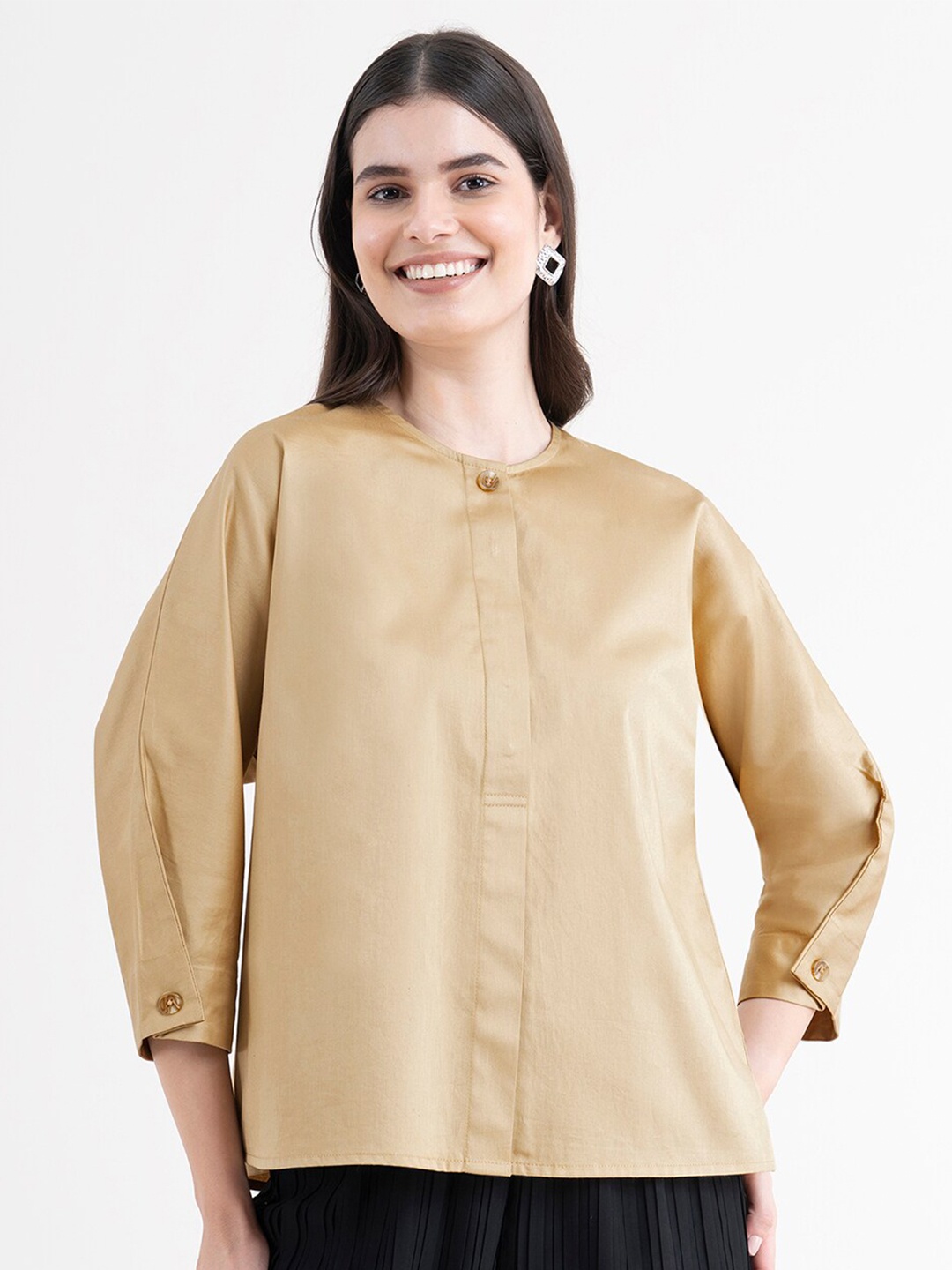 

FableStreet Women Beige Pure Cotton Round Neck Top