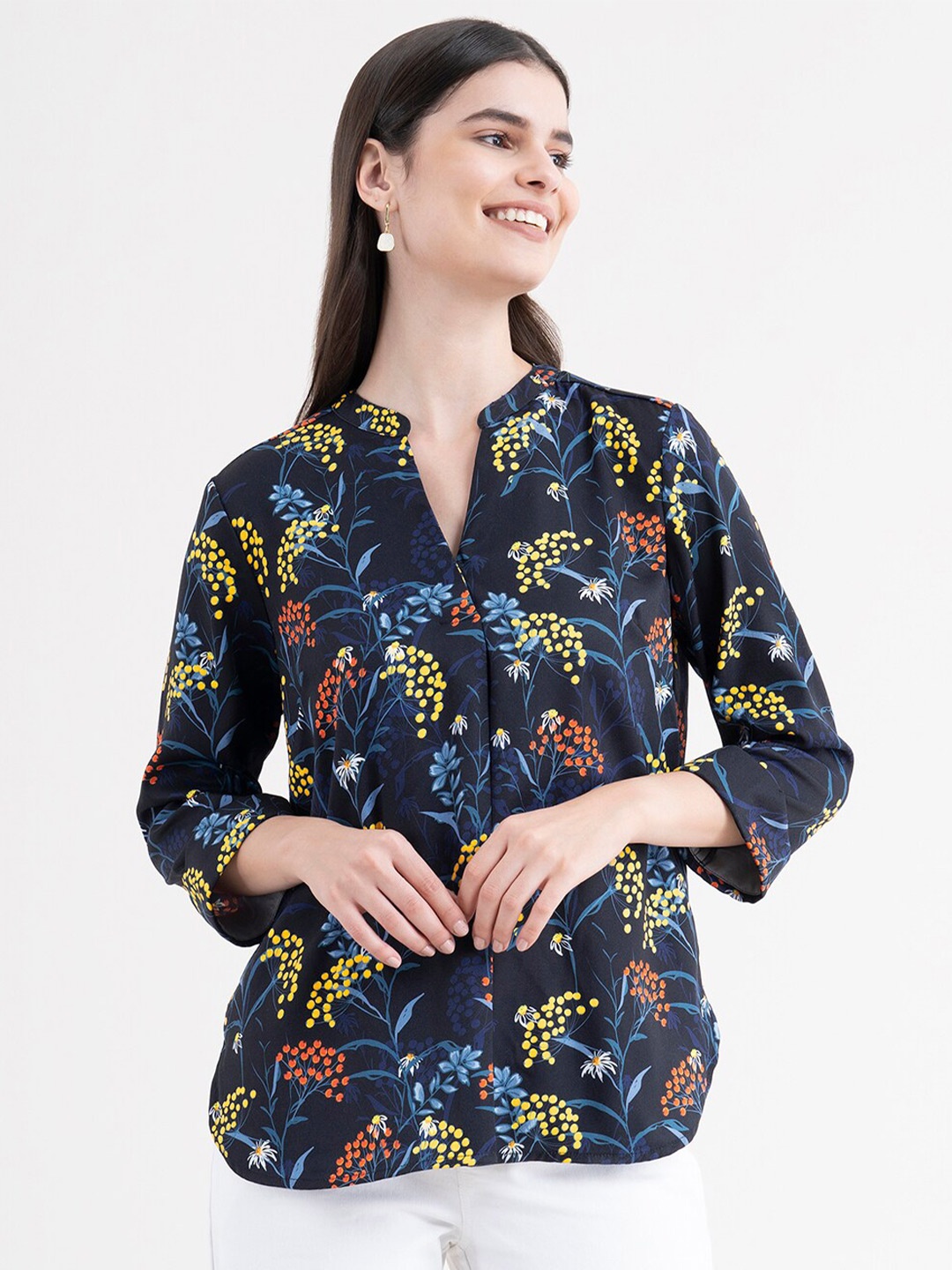 

FableStreet Women Navy Blue Tropical Print Mandarin Collar Shirt Style Top