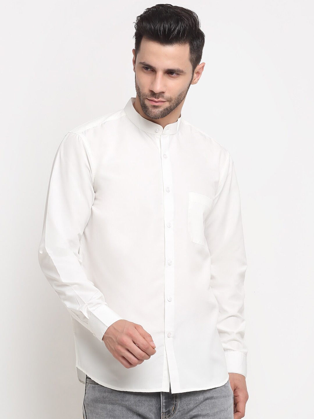 

NEUDIS Men White Band Collar Full Sleeves Formal Shirt