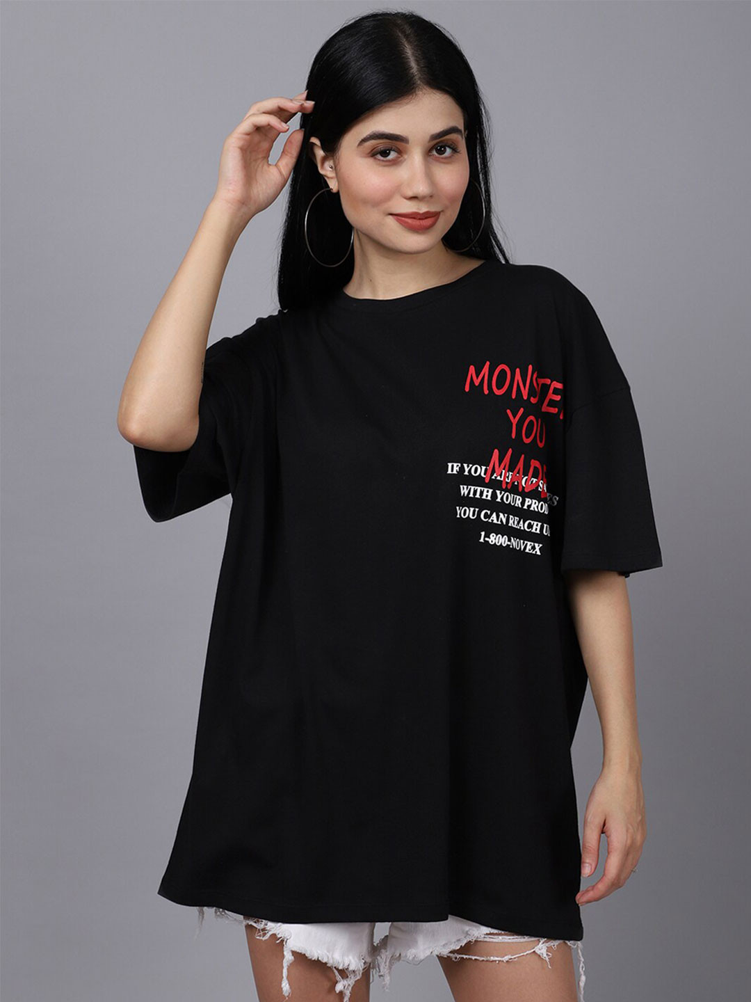 

DOOR74 Women Black Typography Printed Oversized Loose T-shirt