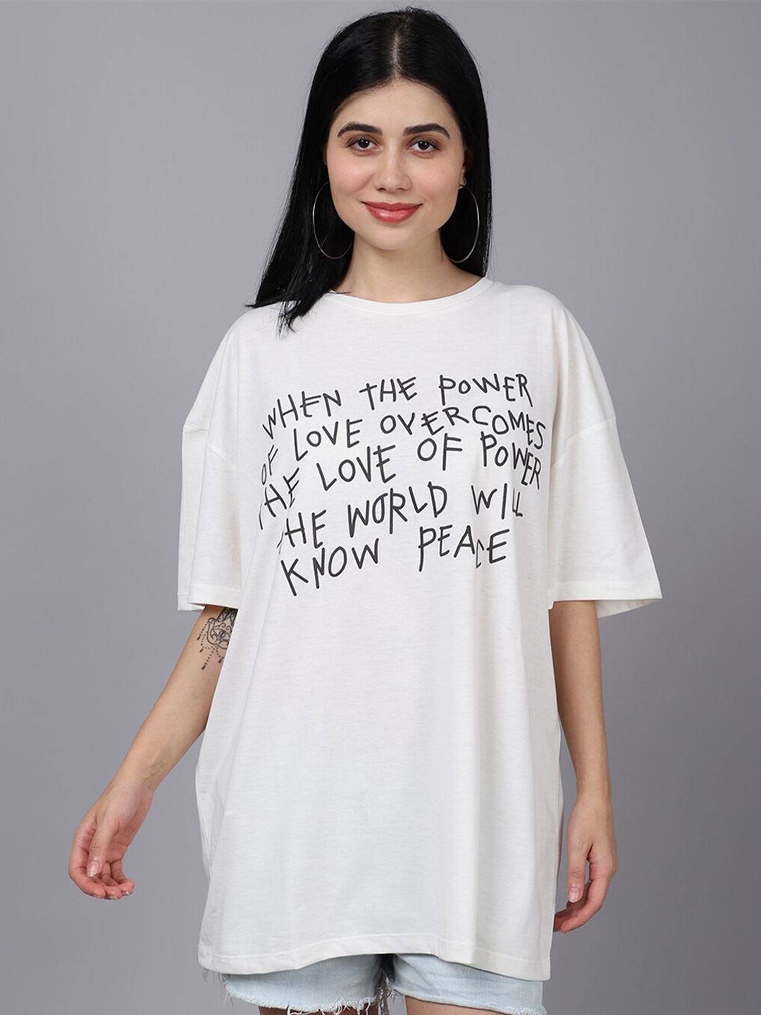 DOOR74 Women Off White Typography Printed Cotton Oversized Oversized T-shirt