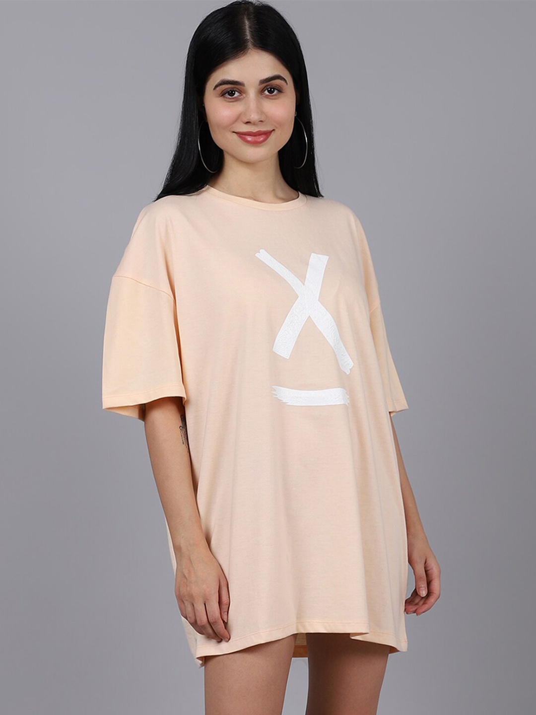 

DOOR74 Women Pink Printed Cotton Oversized Loose T-shirt