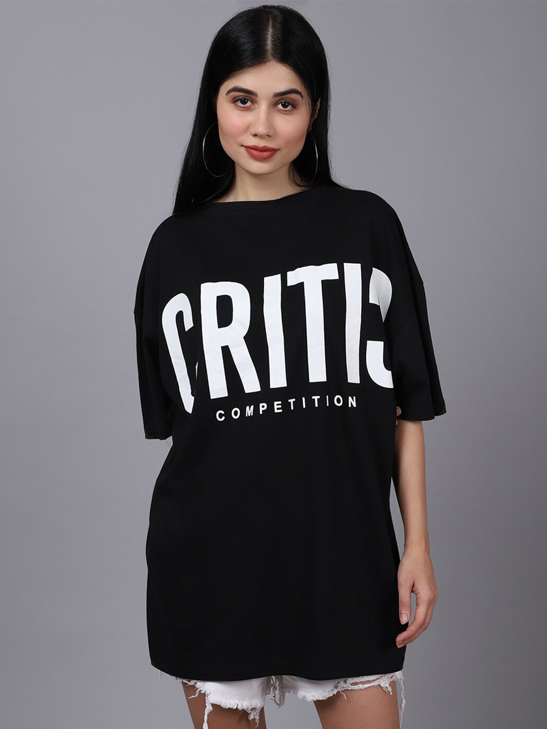 

DOOR74 Women Black Typography Printed Oversized T-shirt