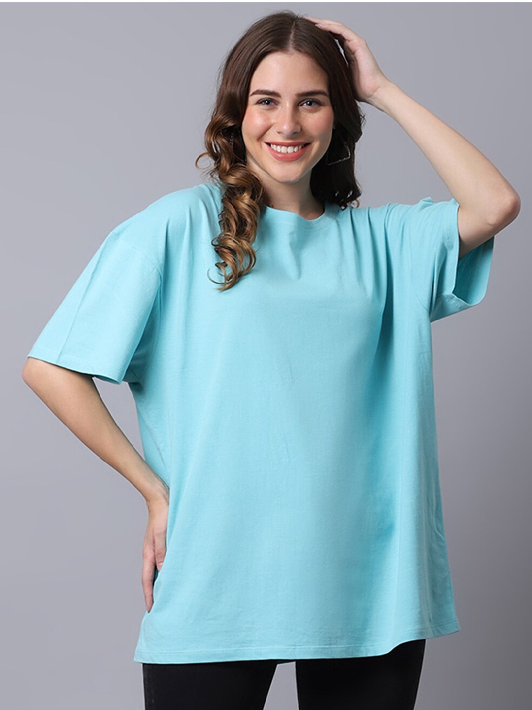 

DOOR74 Women Blue Graphic Printed Cotton Oversized T-shirt