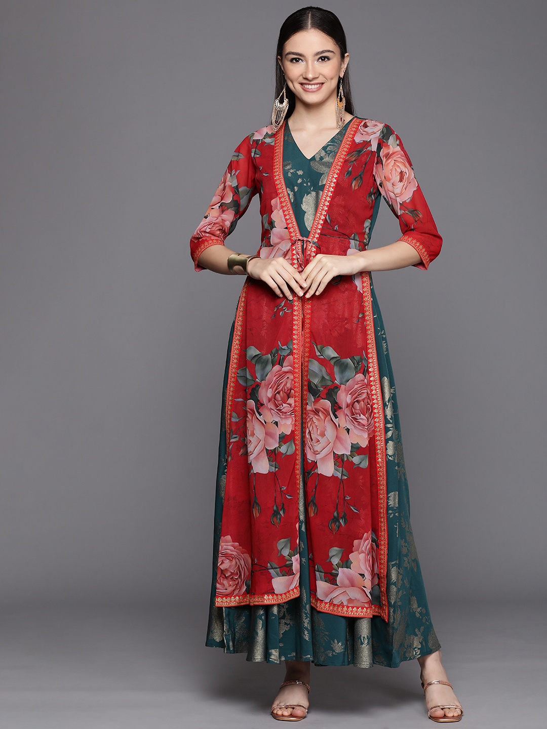 

Ahalyaa Women Red & Teal Blue Floral Print A-line Maxi Dress