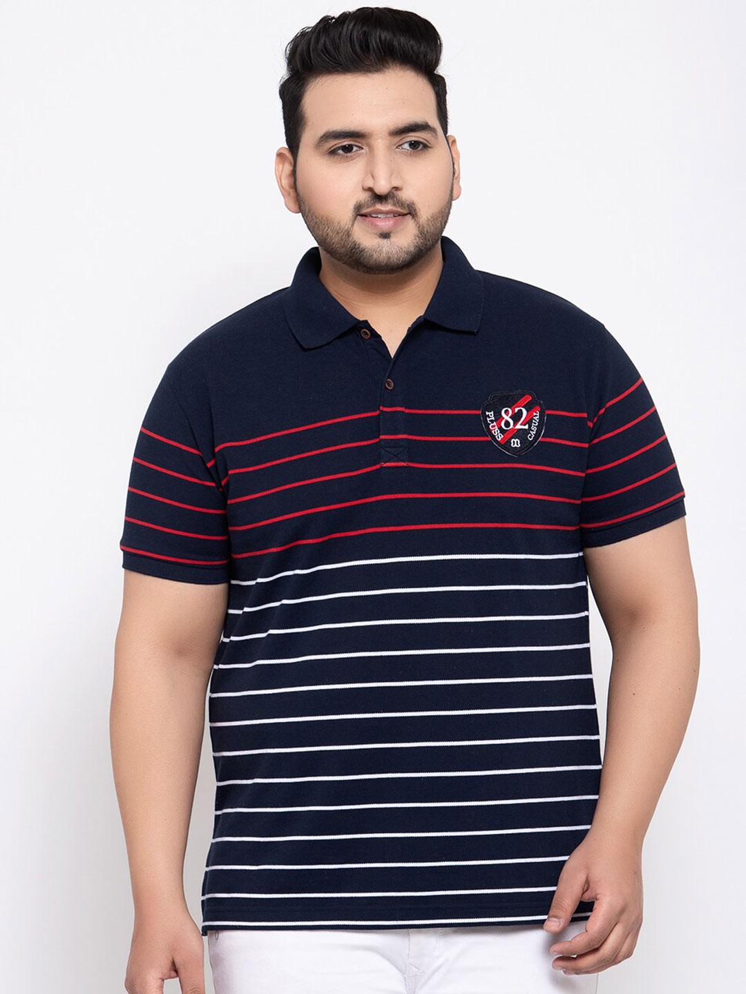 

plusS Men Plus size Navy Blue & White Striped Polo Collar T-shirt