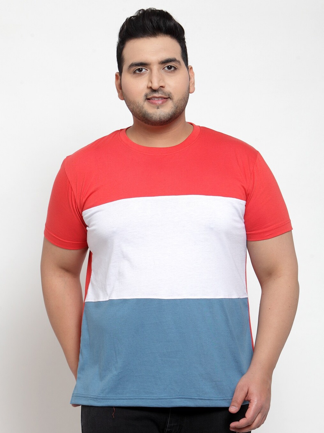 

plusS Plus Size Men Pink & White Colourblocked Cotton T-shirt
