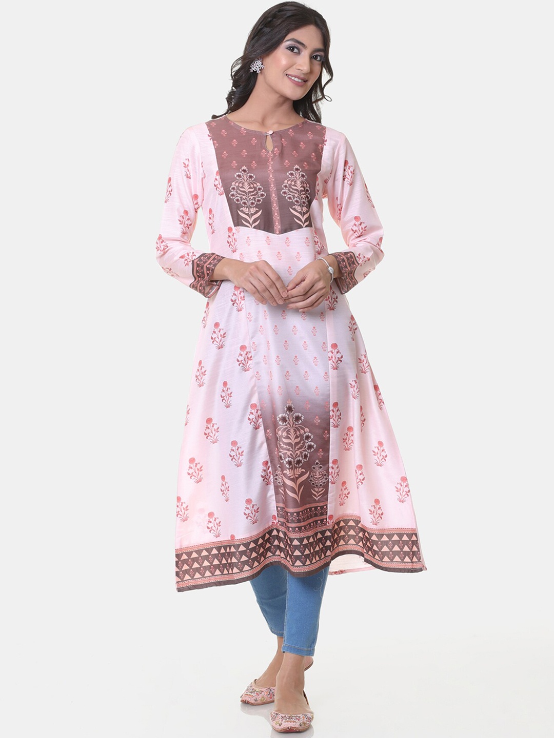 

HEEPOSH Women Peach-Coloured Ethnic Motifs Printed Keyhole Neck Floral Kurta