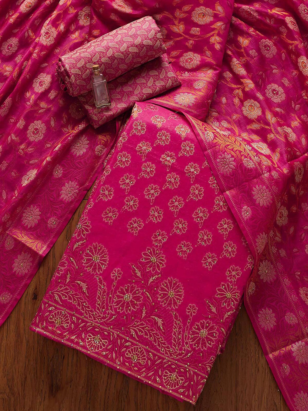 

Koskii Pink & Gold-Toned Art Silk Unstitched Dress Material