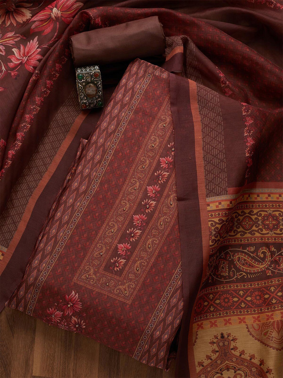 

Koskii Brown & Mustard Printed Unstitched Dress Material