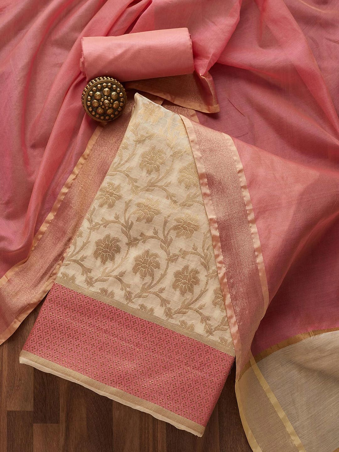 

Koskii Gold-Toned & Pink Embroidered Art Silk Unstitched Dress Material