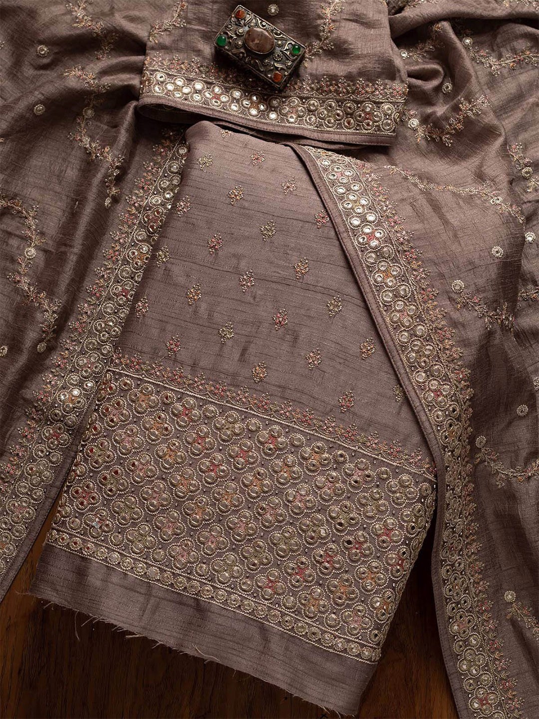 

Koskii Brown & Pink Embroidered Art Silk Unstitched Dress Material