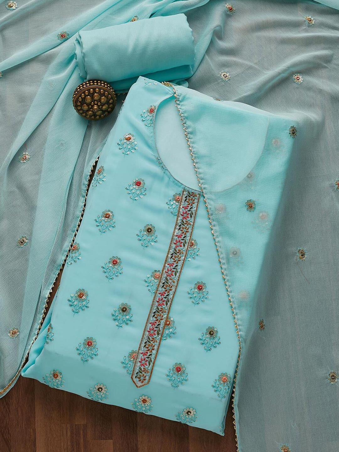 

Koskii Women Blue & Gold Embroidered Unstitched Dress Material