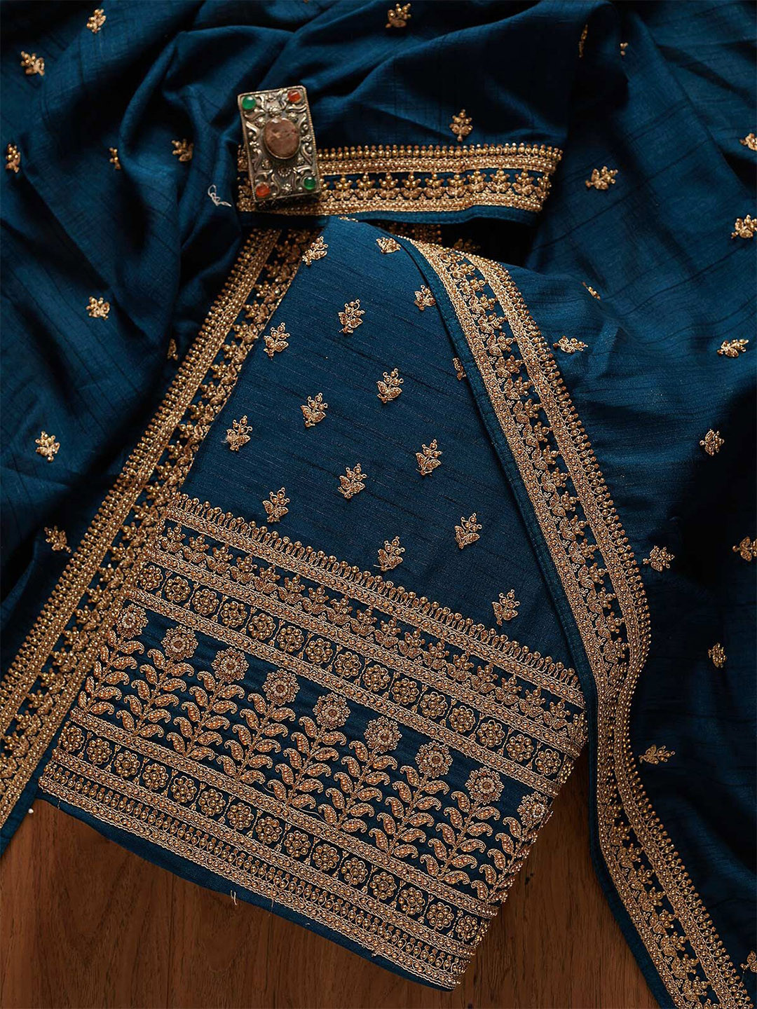 

Koskii Blue & Gold-Toned Embroidered Art Silk Unstitched Dress Material