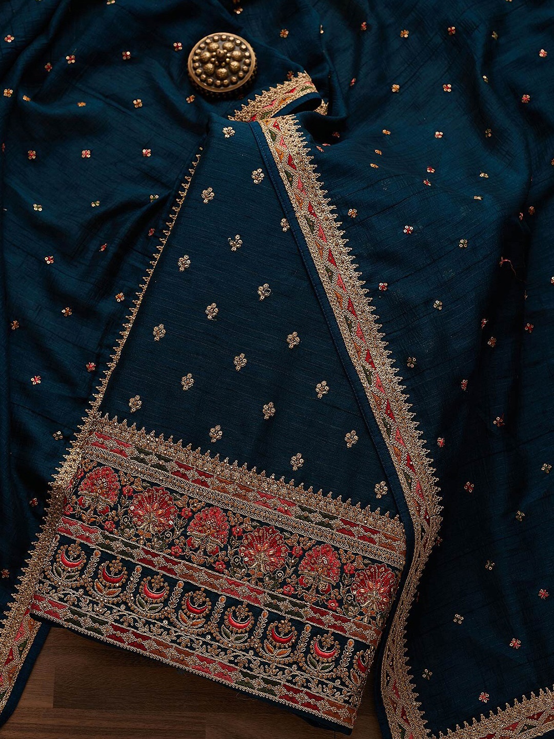 

Koskii Blue & Red Embroidered Art Silk Unstitched Dress Material