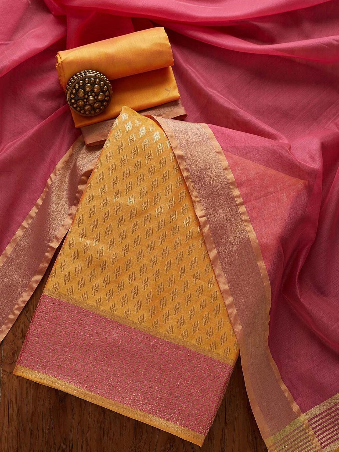 

Koskii Orange & Gold-Toned Embroidered Art Silk Unstitched Dress Material