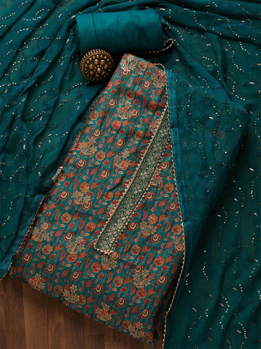 

Koskii Blue & Red Embroidered Art Silk Unstitched Dress Material