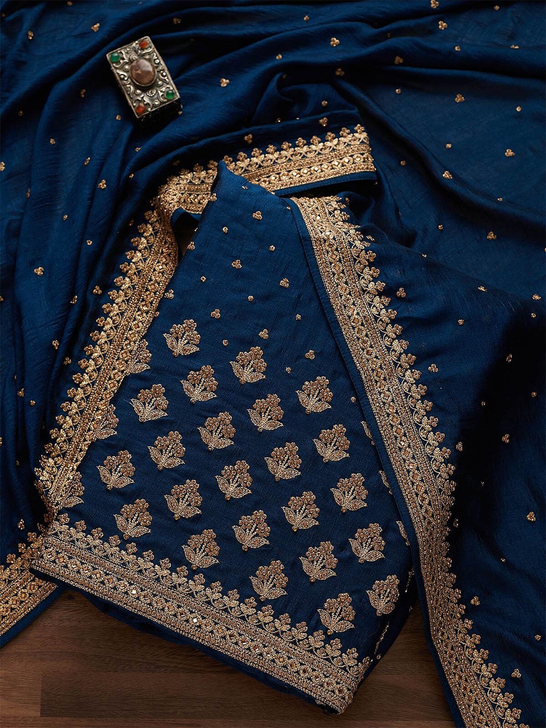 

Koskii Blue & Gold-Toned Embroidered Unstitched Dress Material