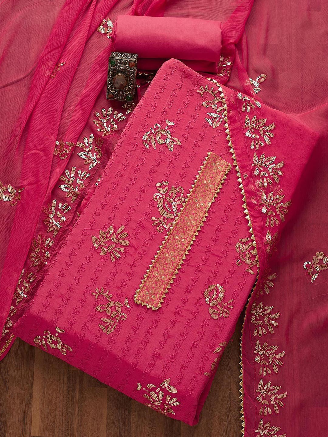 

Koskii Pink & Gold-Toned Embroidered Unstitched Dress Material