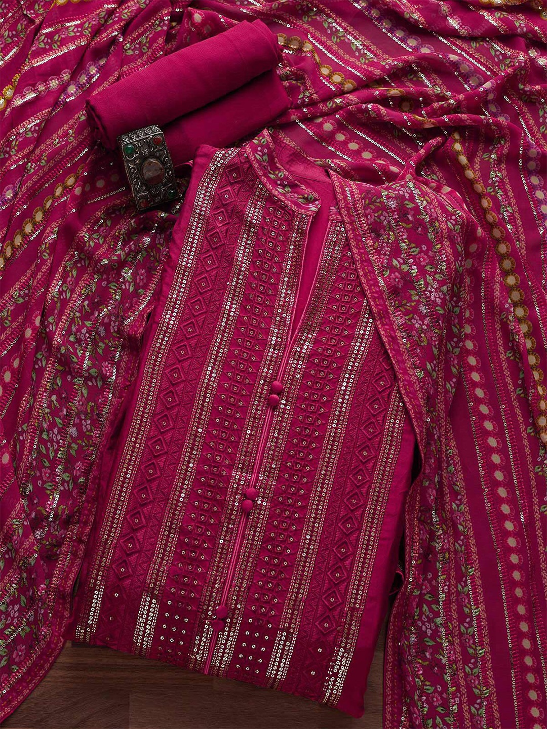 

Koskii Pink & Silver-Toned Embroidered Unstitched Dress Material