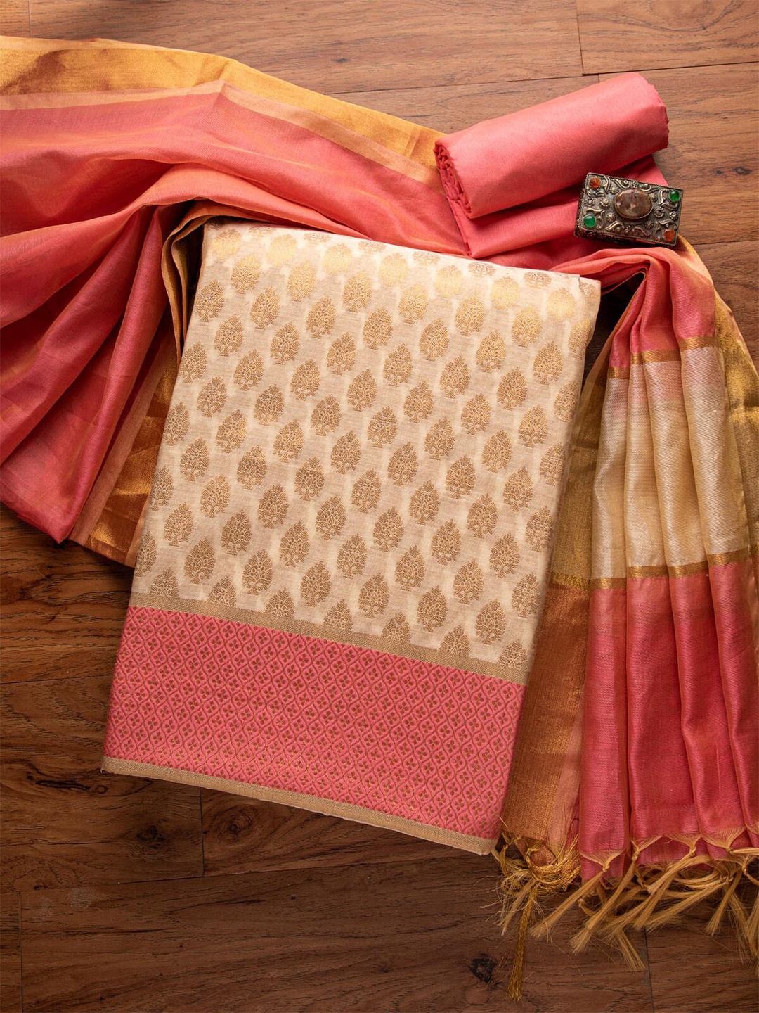 

Koskii Women White & Peach-Colored Art Silk Unstitched Dress Material