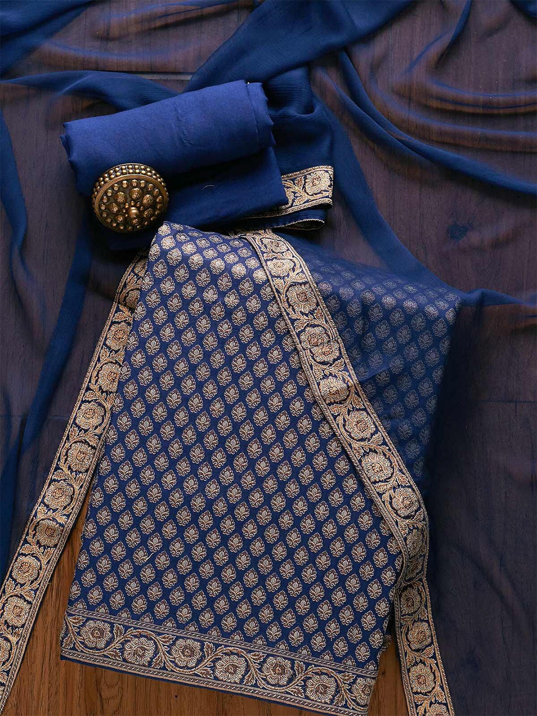 

Koskii Navy Blue & Gold-Toned Art Silk Zariwork Unstitched Dress Material
