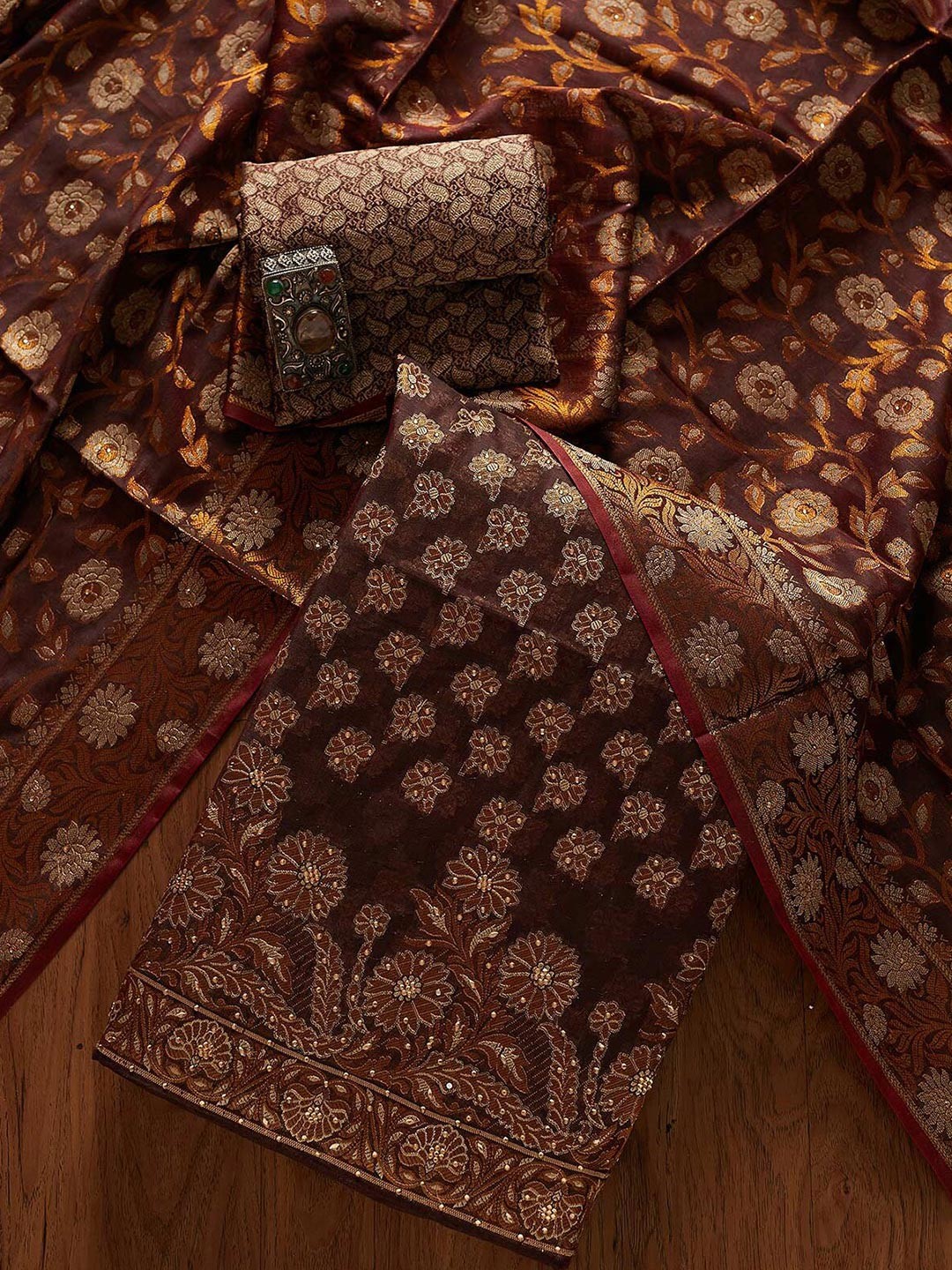 

Koskii Brown & Gold-Toned Art Silk Unstitched Dress Material