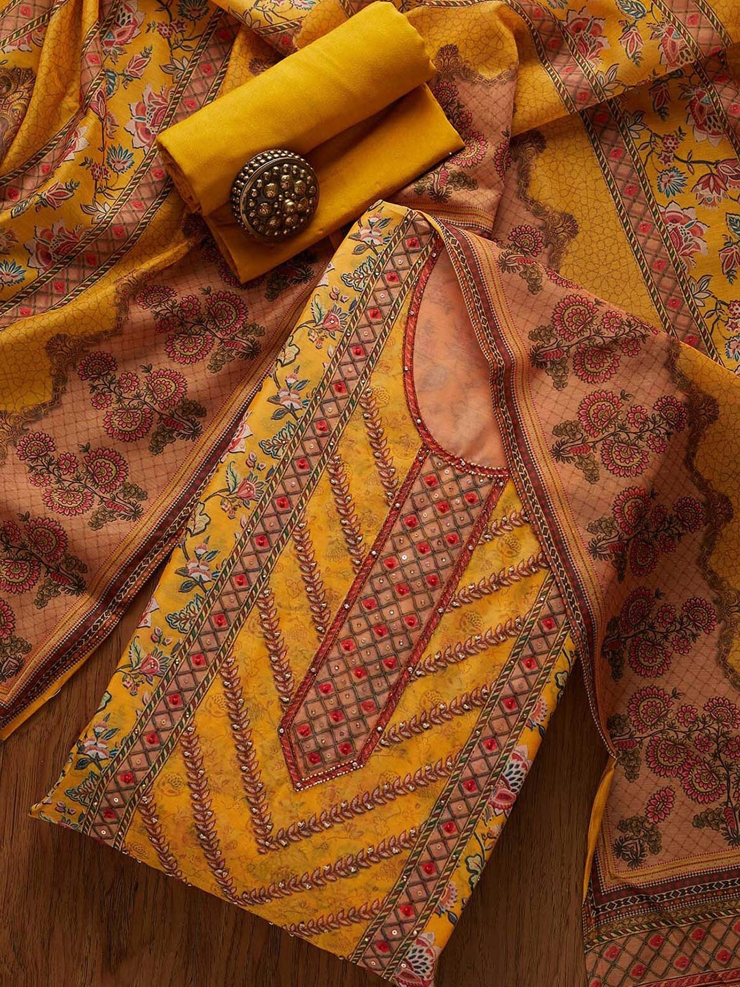 

Koskii Women Mustard & Green Embroidered Art Silk Unstitched Dress Material
