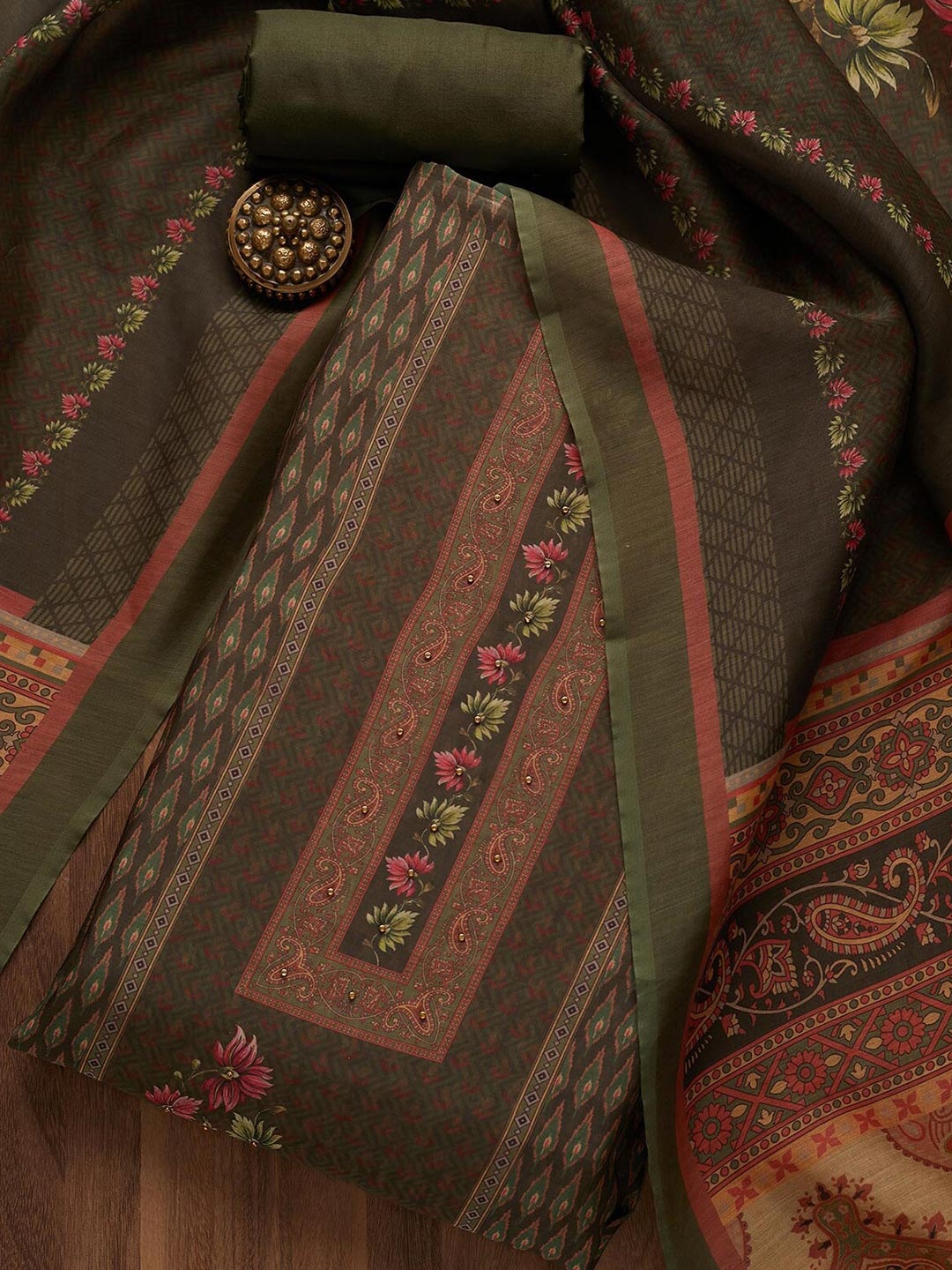 

Koskii Green & Brown Embroidered Unstitched Dress Material