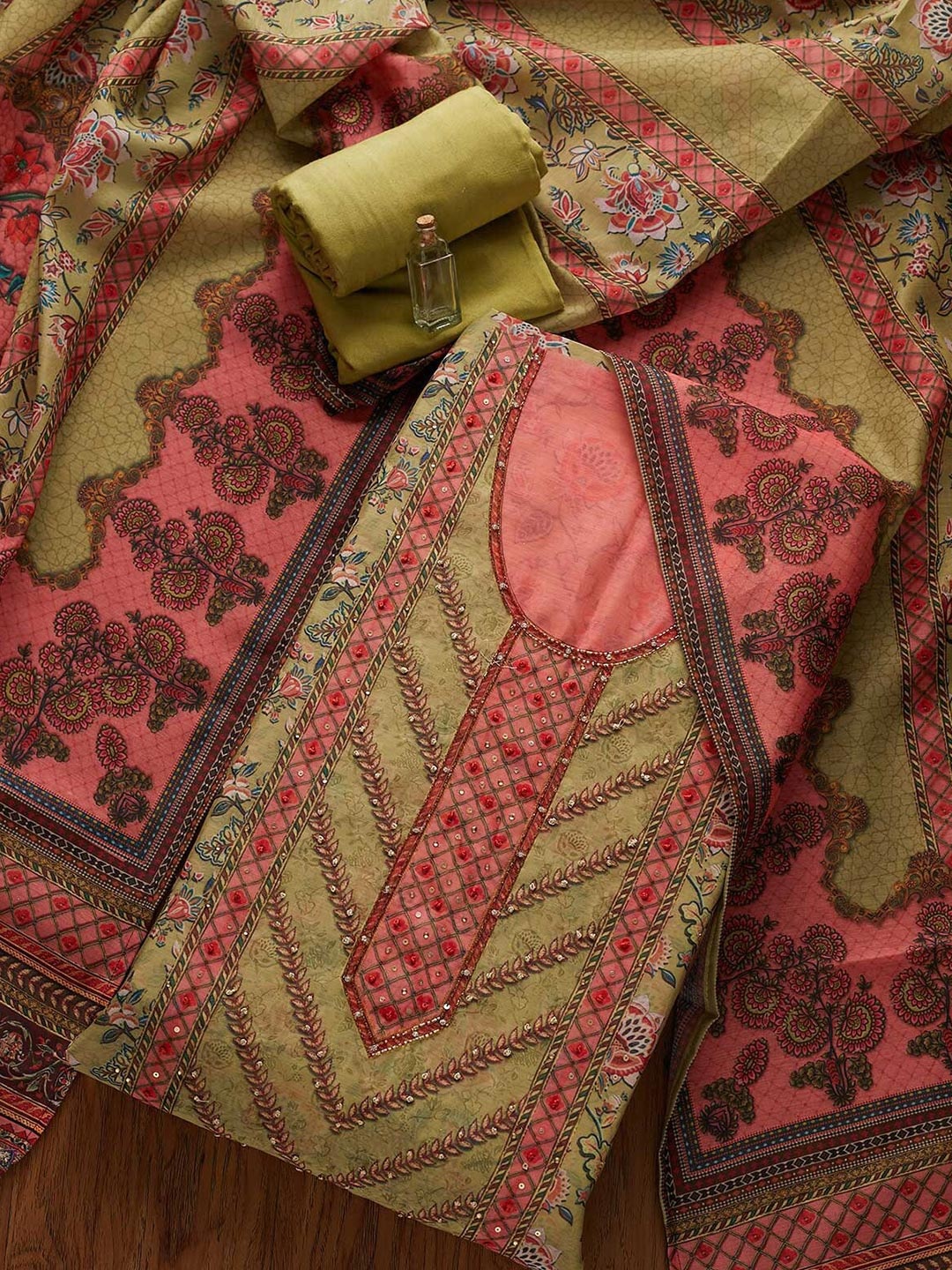 

Koskii Green & Pink Embroidered Art Silk Unstitched Dress Material