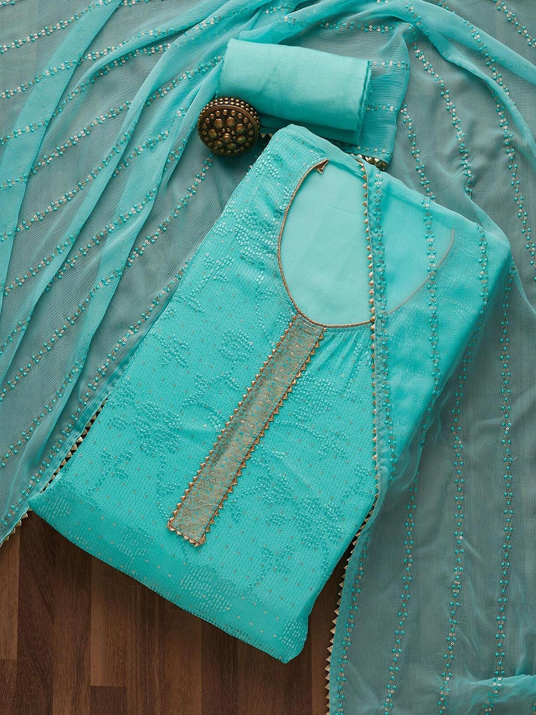 

Koskii Blue & Gold-Toned Embroidered Unstitched Dress Material