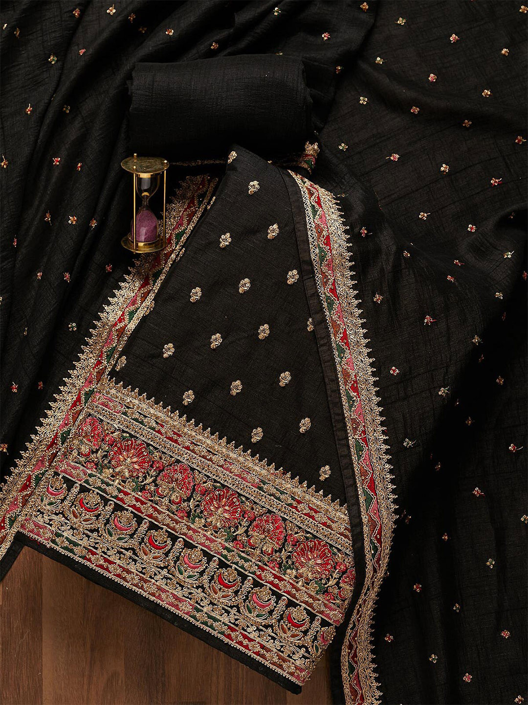 

Koskii Black & Red Embellished Art Silk Unstitched Dress Material
