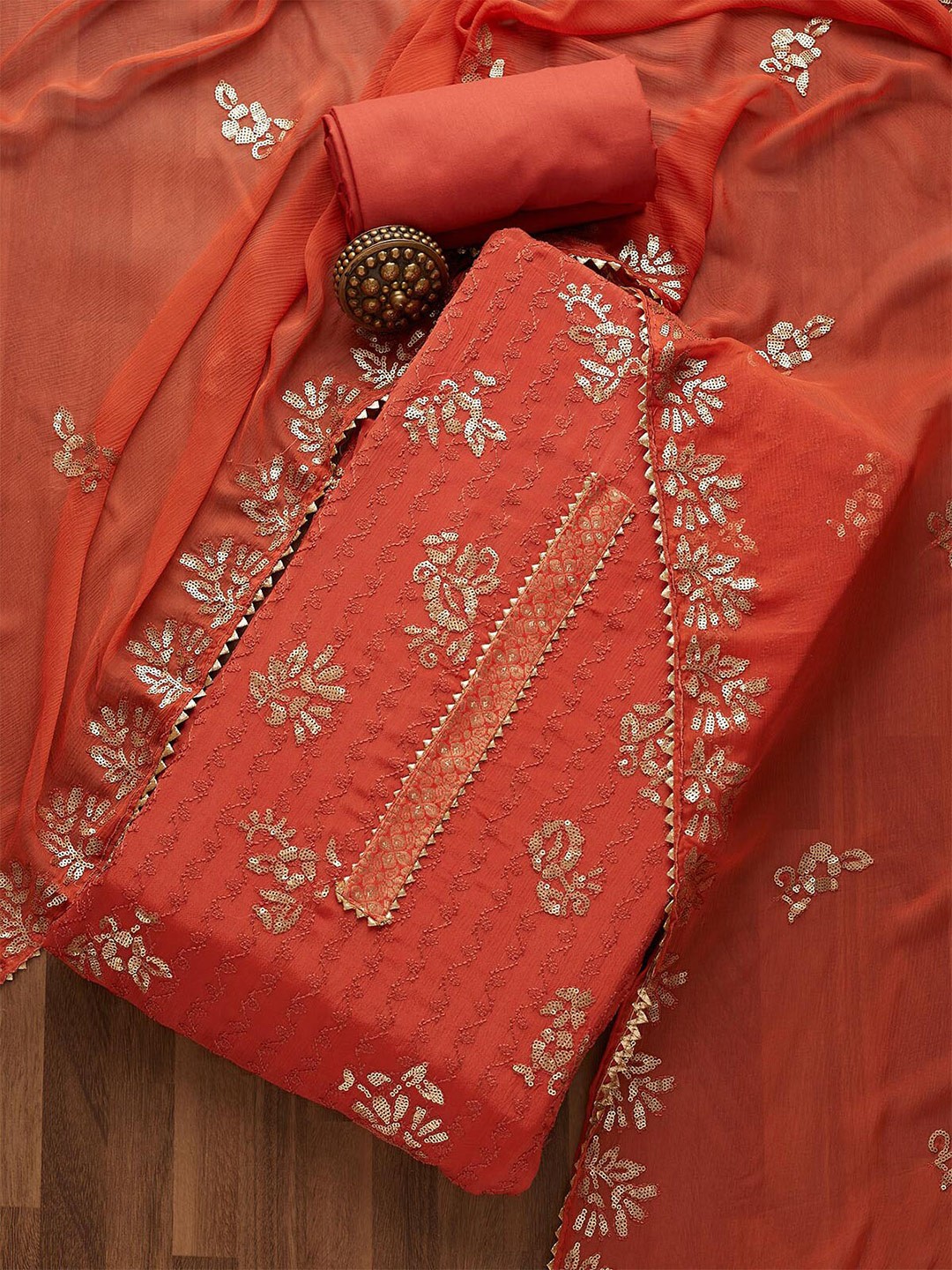 

Koskii Women Orange Embroidered Unstitched Dress Material