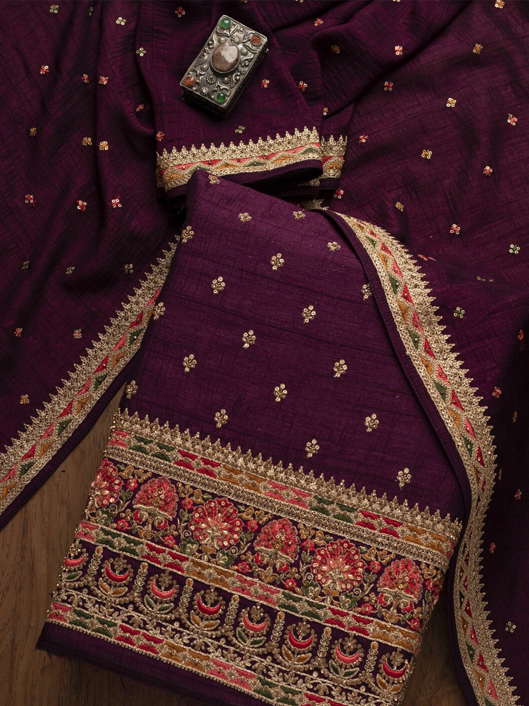 

Koskii Maroon & Orange Embroidered Art Silk Unstitched Dress Material