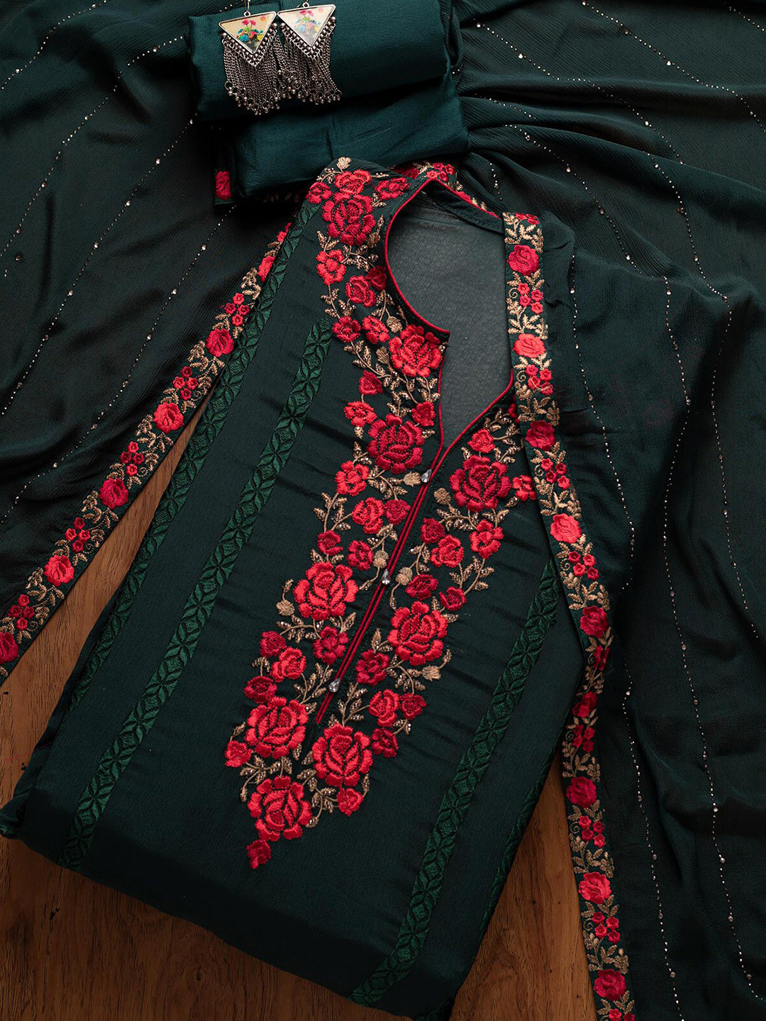 

Koskii Green & Red Embroidered Unstitched Dress Material