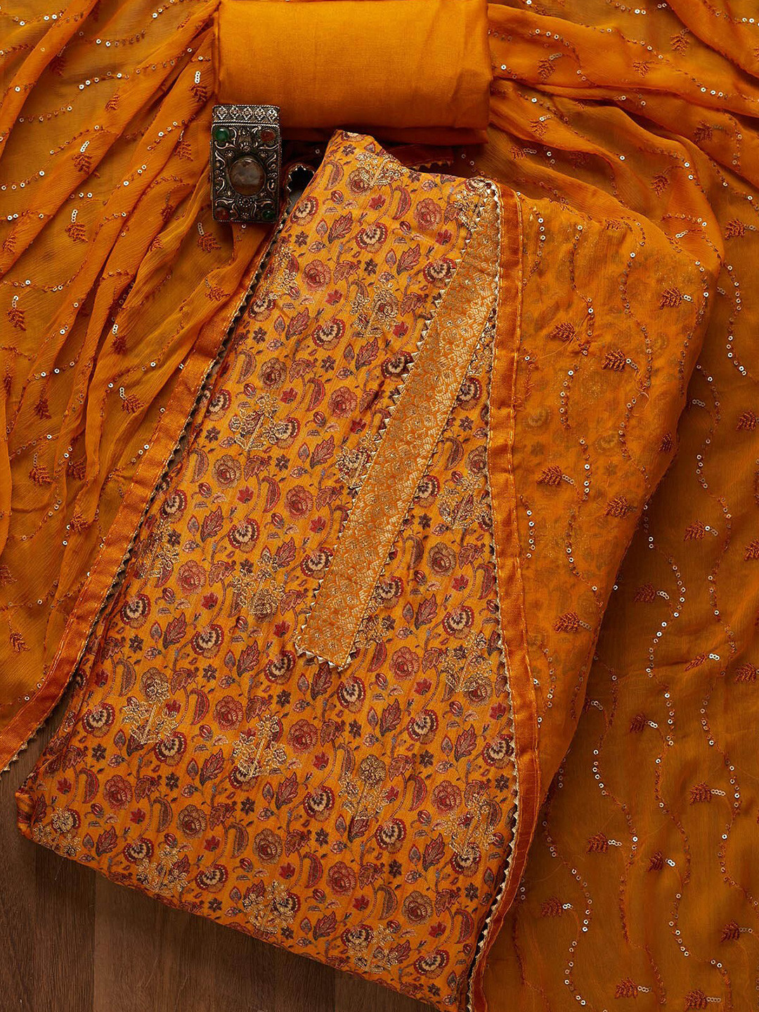 

Koskii Mustard & Red Printed Art Silk Unstitched Dress Material