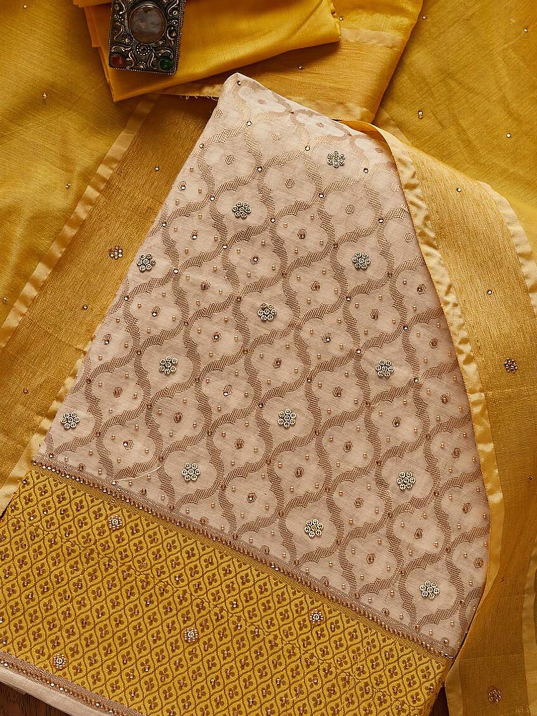 

Koskii Women Gold-Toned & Mustard Embroidered Art Silk Unstitched Dress Material