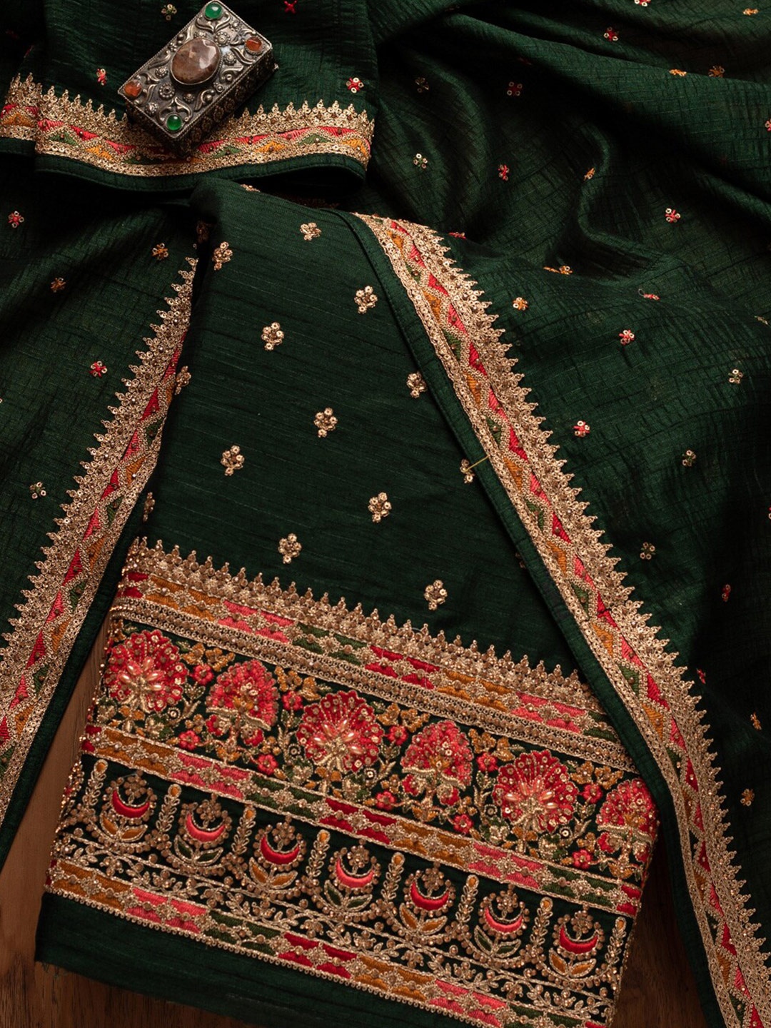 

Koskii Green & Orange Embroidered Art Silk Unstitched Dress Material