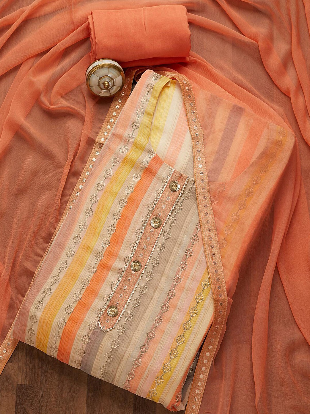 

Koskii Women Peach-Coloured & Yellow Embroidered Unstitched Dress Material